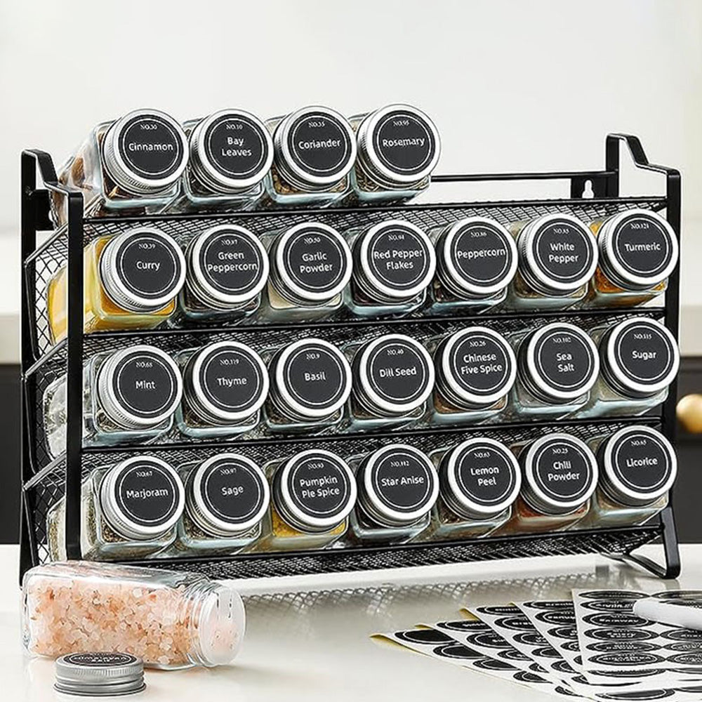 4 Tier Carbon Steel Spice Rack with Optional 28 Jars Labels and Tools