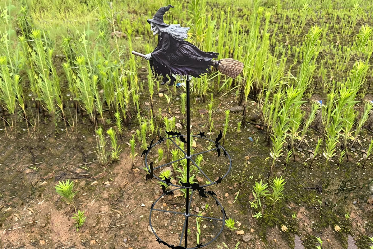 Halloween Witch Wind Spinner Garden Stake Metal Rotating Bat Star Windmill
