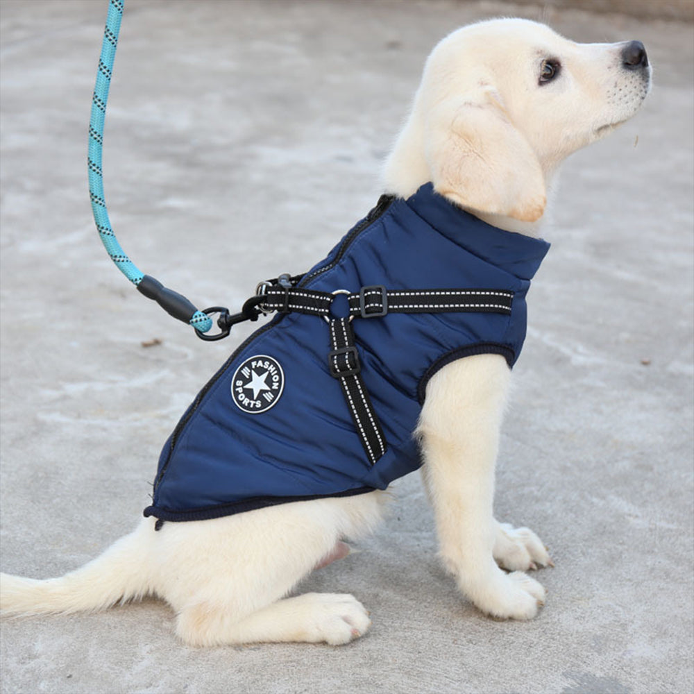 Waterproof Warm Winter Dog Harness Coat with Reflective Stripes-Blue