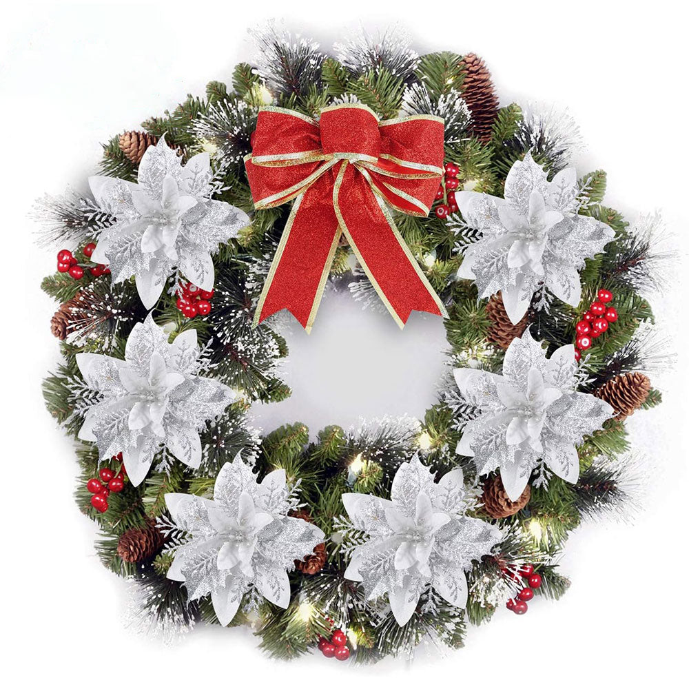 12Pcs Christmas Glitter Poinsettia Artificial Flower with Clip and Stem
