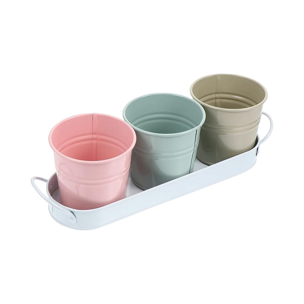3Pcs Metal Herb Plant Pot with Tray and 10Pcs Mini Chalkboard Wooden Plant Tags Stakes