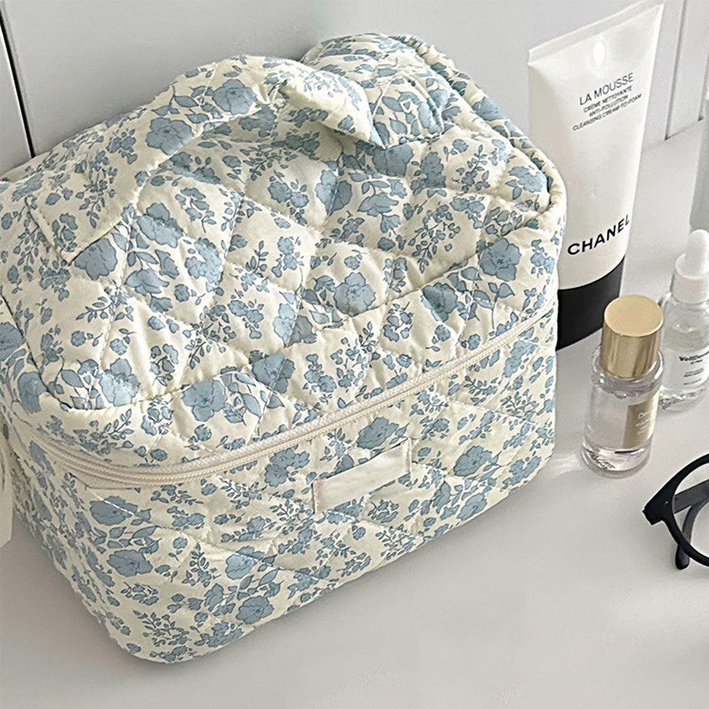 Portable Floral Pattern Cosmetic Bag Makeup and Toiletry Storage Organizer with Handle