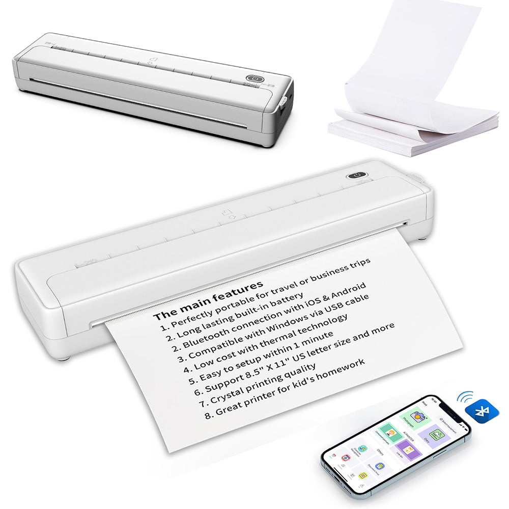 Wireless Bluetooth Portable A4 Thermal Mobile Printer with 100Pcs Thermal Paper