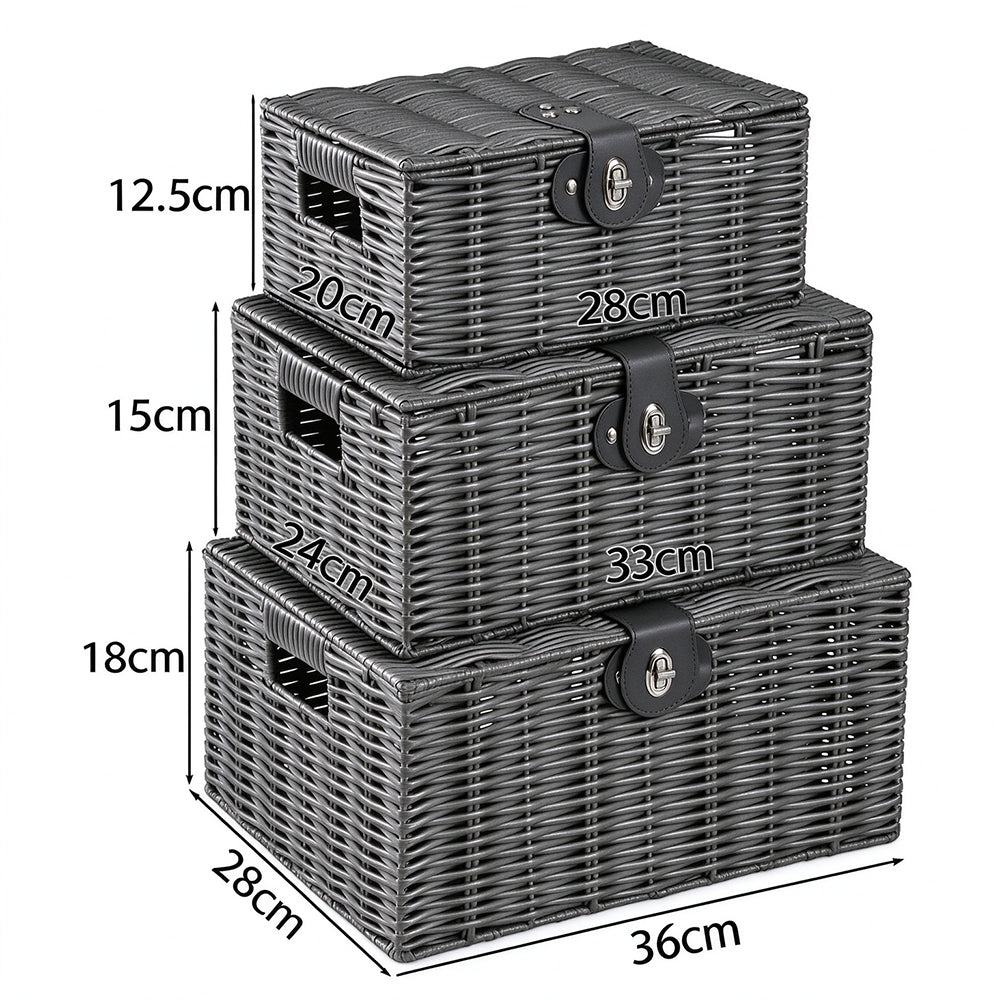 3 Piece Imitation Rattan Woven Storage Basket Set with Locking Lids-Grey