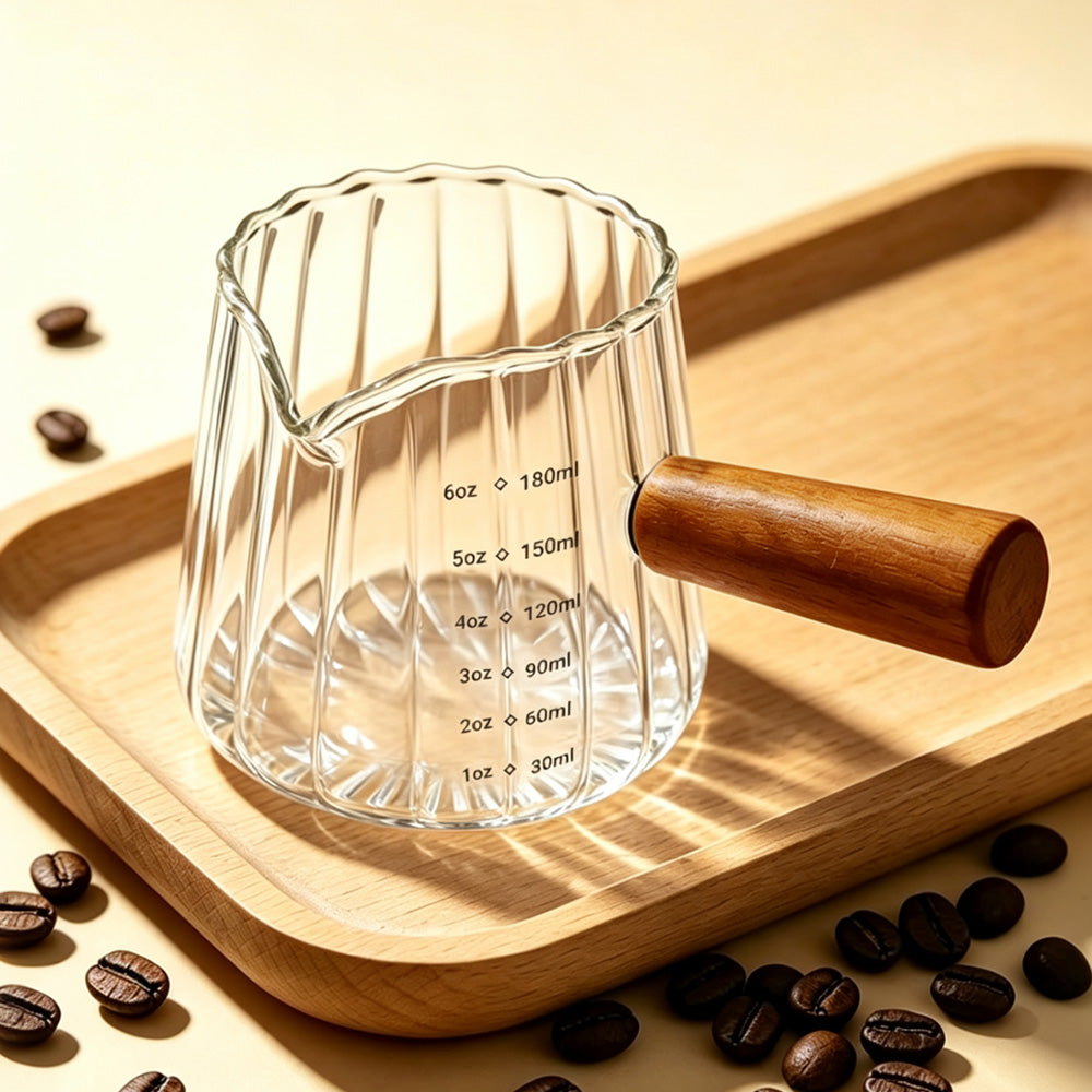 180ml Ribbed Glass Espresso Measuring Cup with Engineered Wood Handle