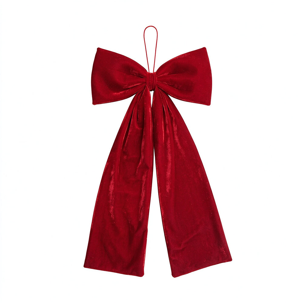 Vintage Burgundy Velvet Christmas Bow with Hanging Cord for Tree Decor