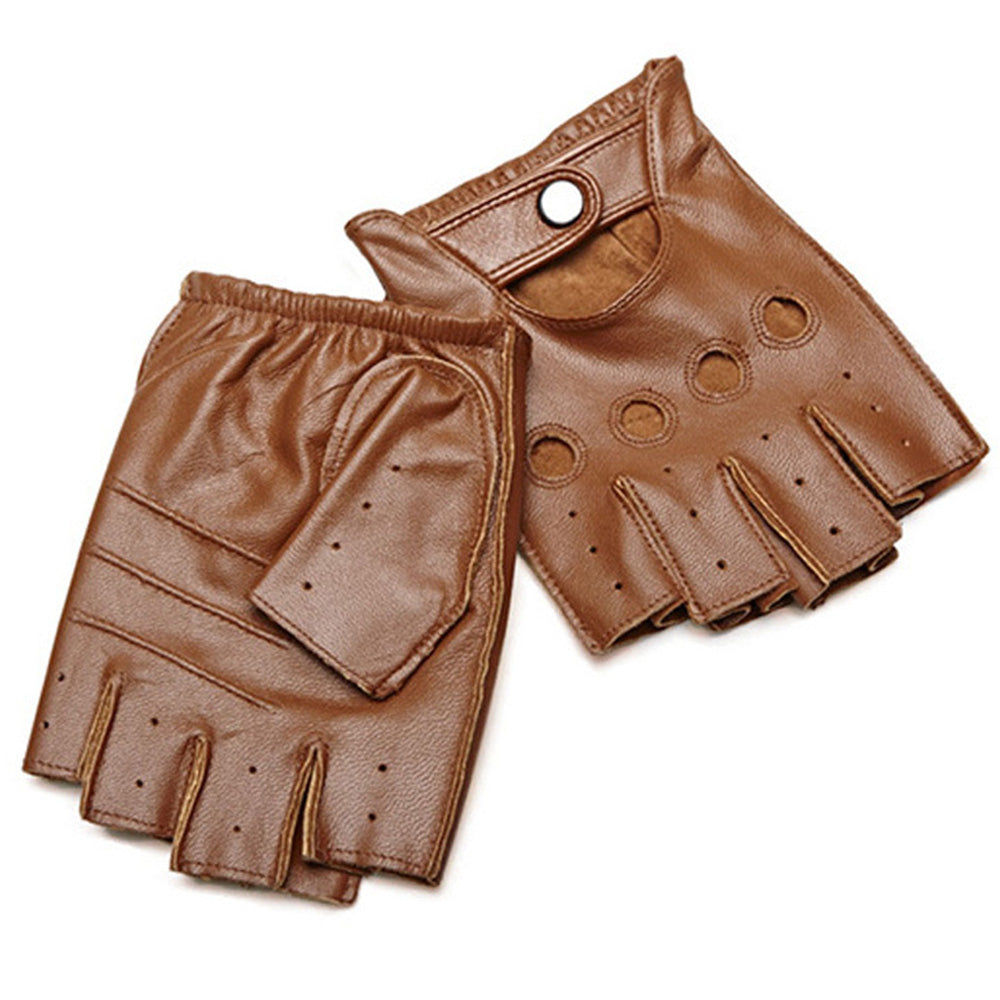 Mens Fingerless Leather Driving Gloves for Motorcycle Riding-Brown