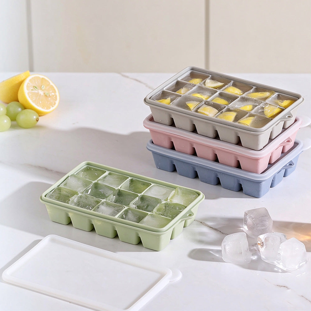 4 Piece Silicone Ice Cube Trays with 15 Cavities Lids and Stackable Design