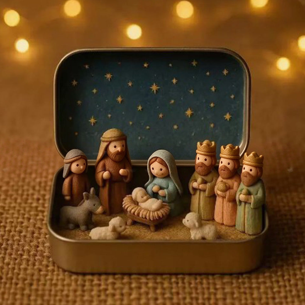 9 Pcs Nativity Scene Mini Figurines with Metal Storage Display Box