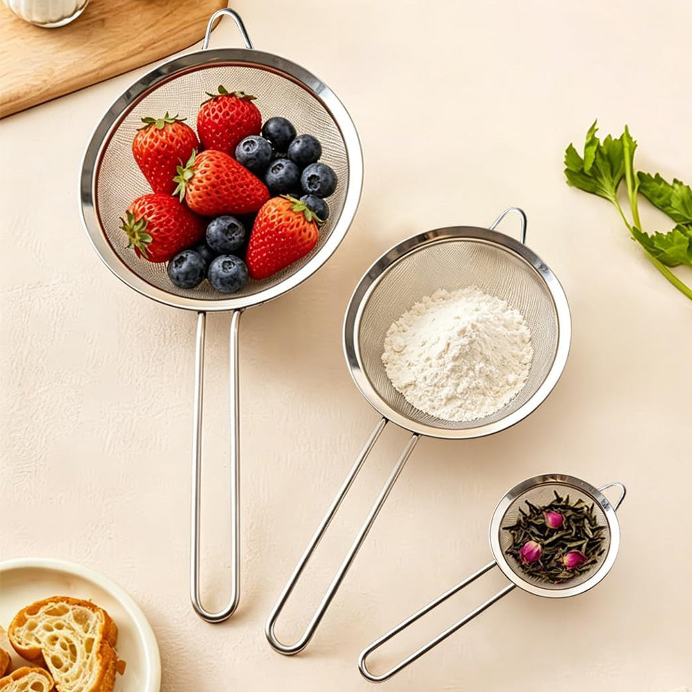 3 Pcs 304 Stainless Steel Fine Mesh Strainer Set with Long Handles