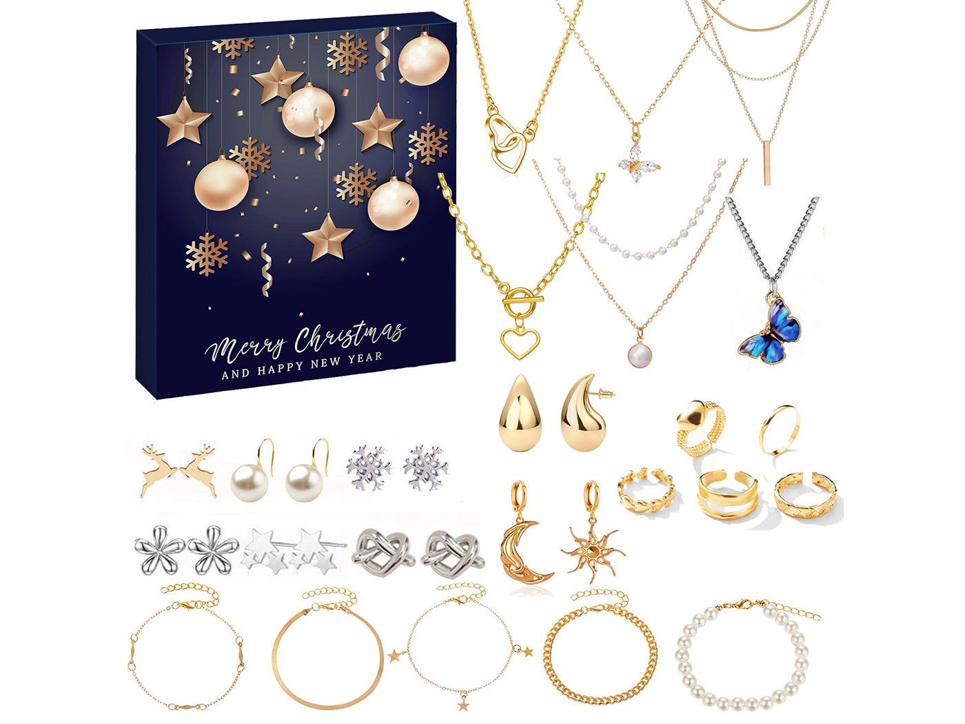 24 Days Countdown Jewelry Christmas Advent Calendar Bracelets Necklaces Earings Kit