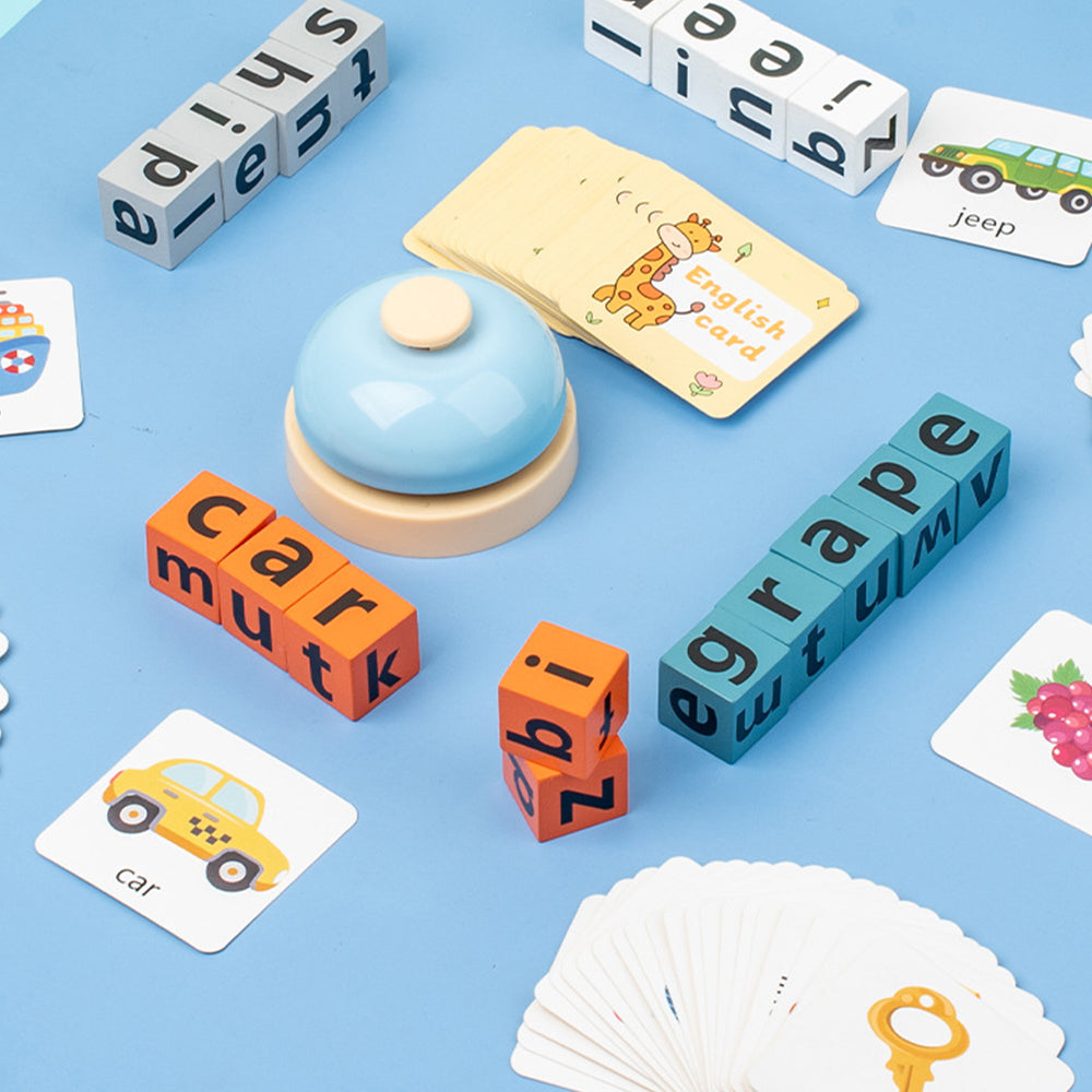 Wooden English Spelling Game with Word Battle Cards and Bell