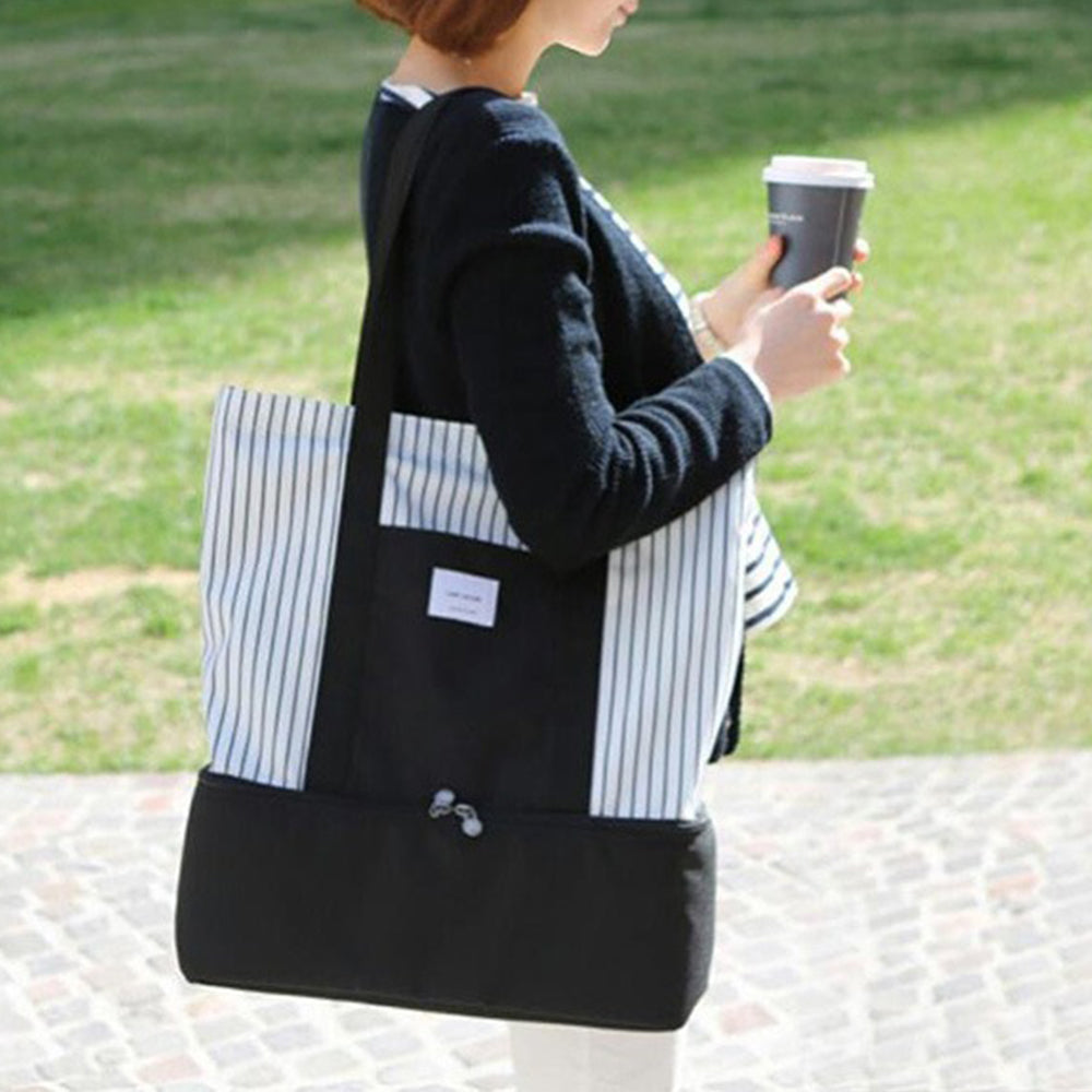 Black White Striped Double Layer Insulated Lunch Bag for Outdoor