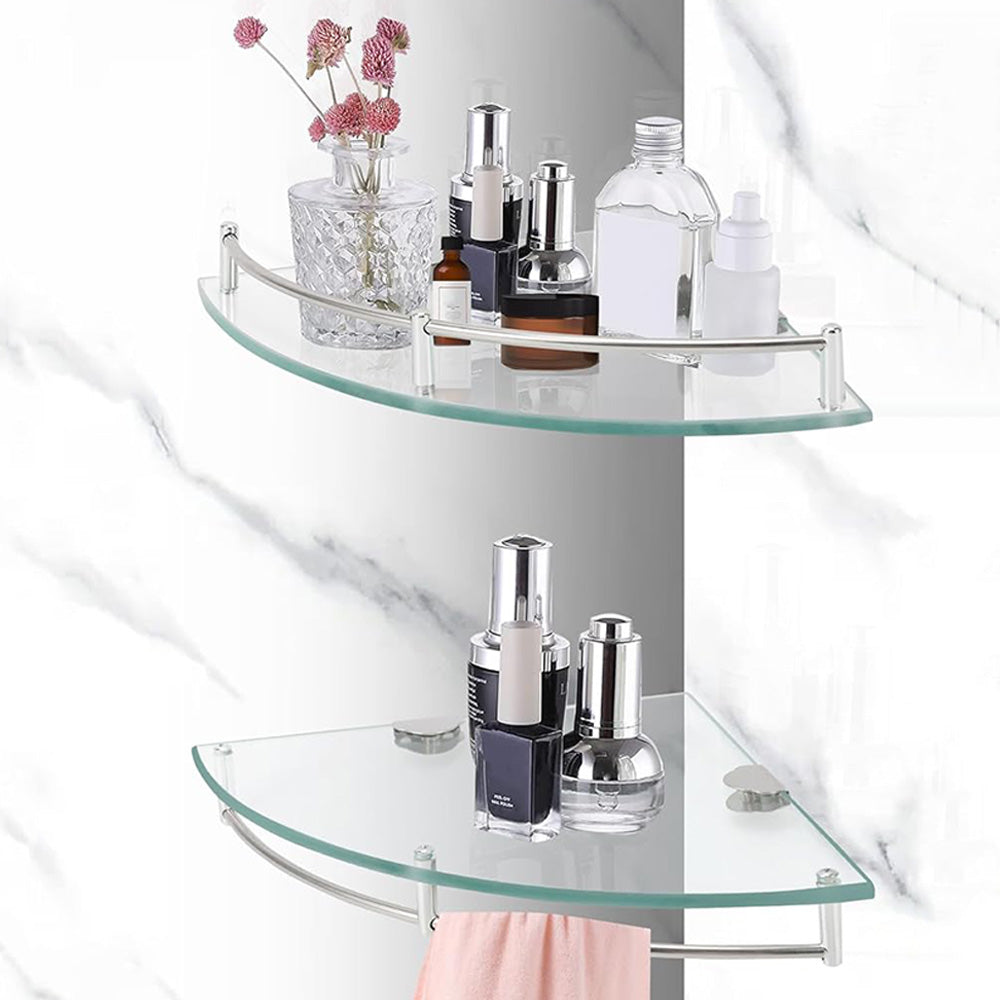 Glass Corner Bathroom Shelf with Stainless Steel Guard Rail