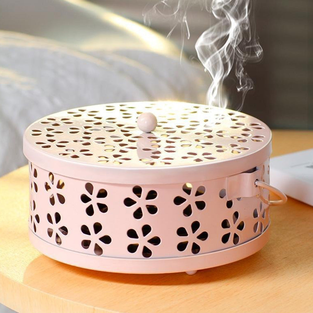 2X 14cm Metal Mosquito Coil and Incense Holder with Lid Floral Cutout Design