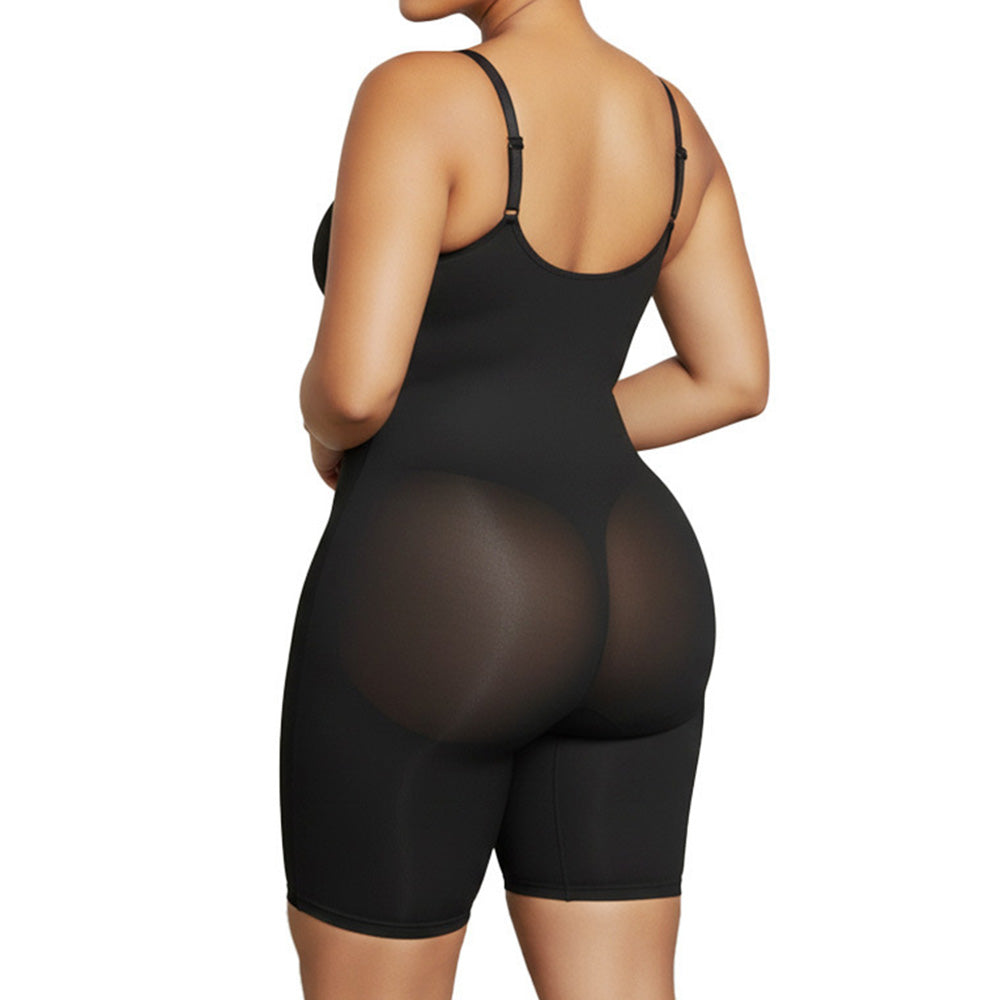 Seamless Shaping Bodysuit with Front Zipper Hook and Adjustable Straps-Black