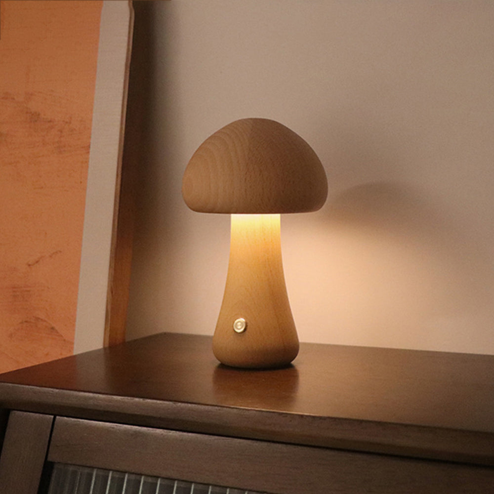 Wooden Mushroom Rechargeable Battery Operated Lamp with Stepless Dimming
