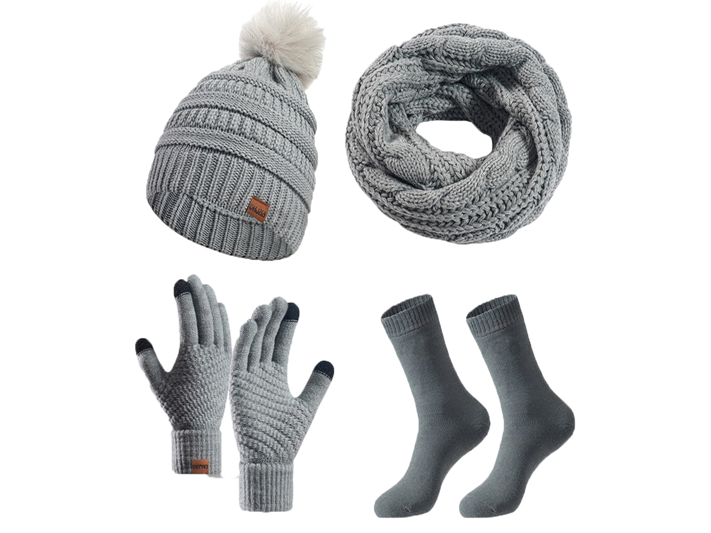 Winter Warm Knit Beanie Hat Scarf Touch Screen Gloves and Socks Set for Women