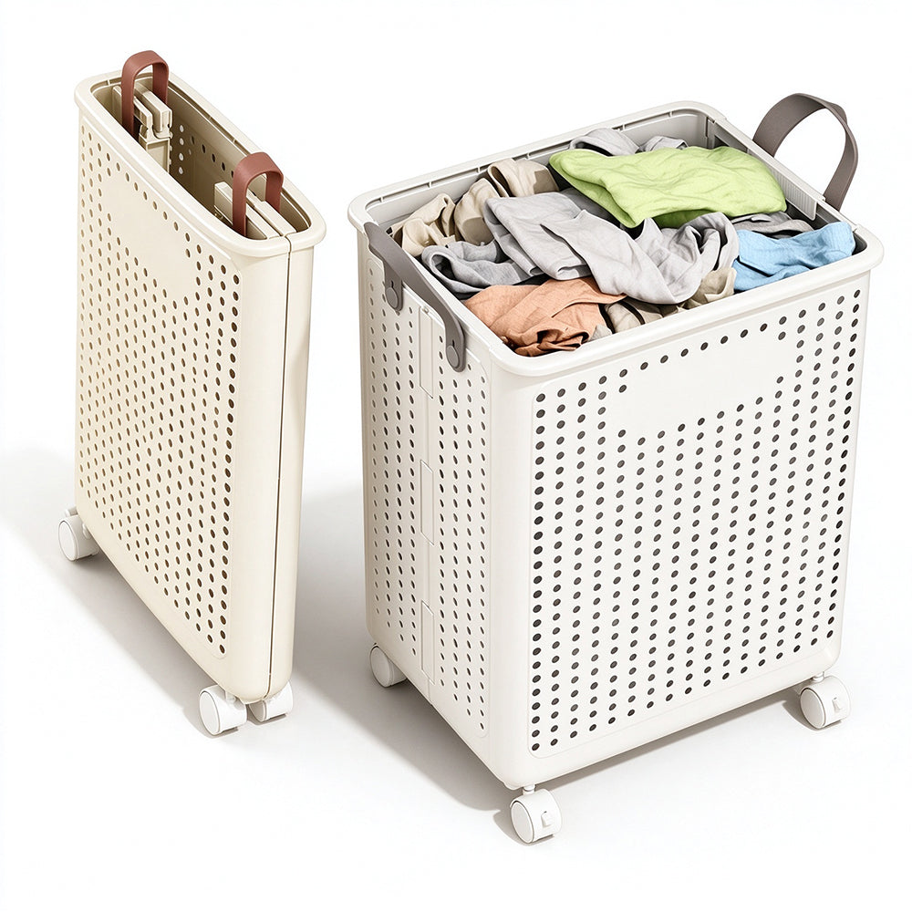 Folding Laundry Basket with Wheel Large Capacity Collapsible Clothes Storage Bin-White