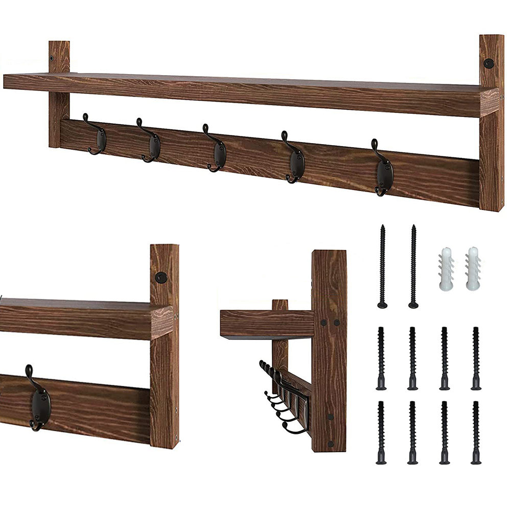 Wooden Coat Rack Wall Mount with Shelf 5 Hooks for Hanging Clothes
