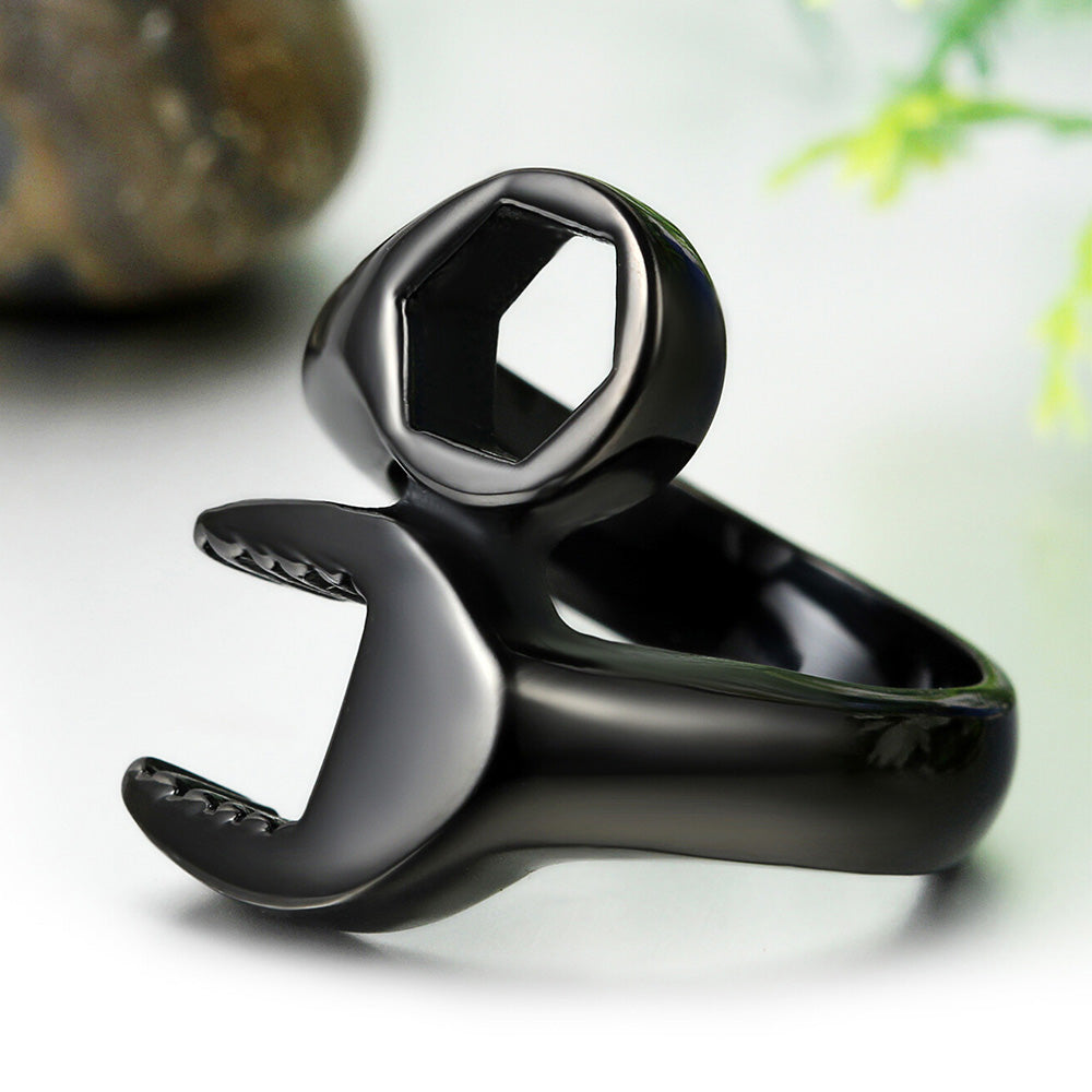 Stainless Steel Wrench Shaped Industrial Punk Ring for Men and Women-Black