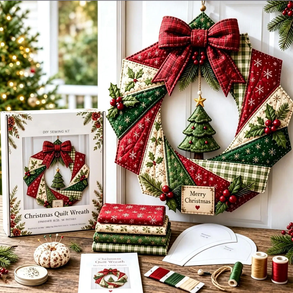 Christmas Quilted Wreath DIY Sewing Kit with Precut Fabric for Door Decor