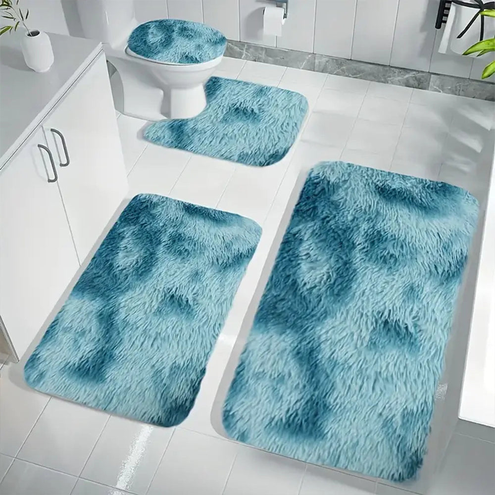 Washable 3pc Bathroom Mat Set Fluffy Toilet Cover Pedestal Rug Bath Mat
