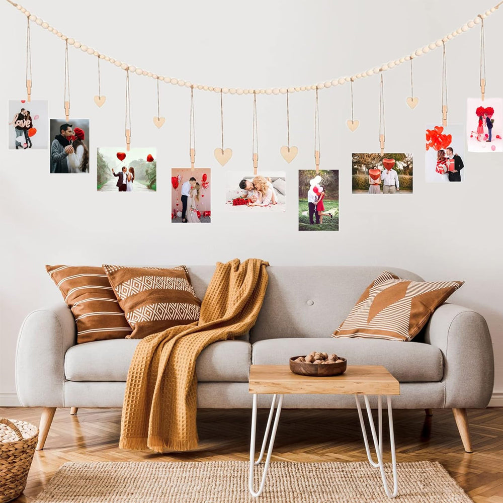 Wall Hanging Photo Display Wooden Beads Garland Photo Holders with 9 Wood Clips