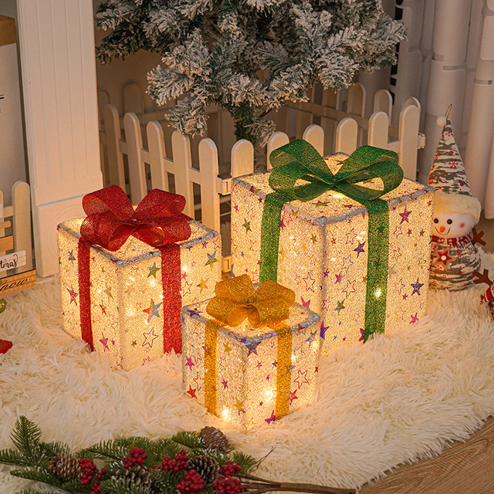 3Pcs Christmas Lighted Gift Boxes LED Lights Decor