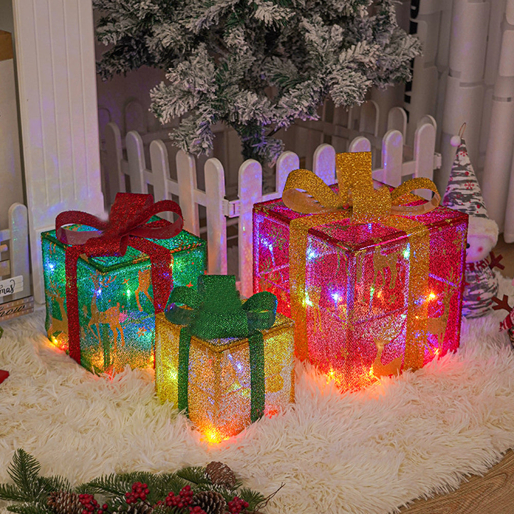3Pcs Christmas Lighted Gift Boxes LED Lights Decor