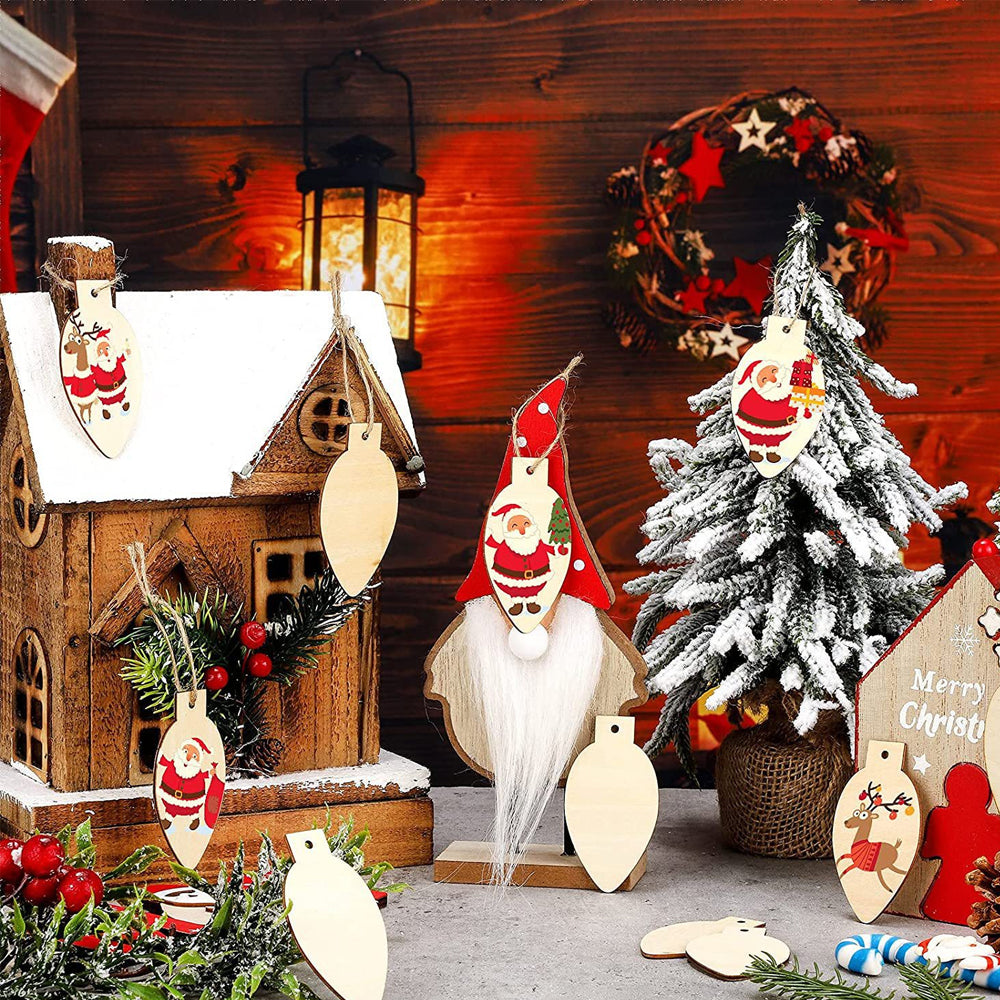 100Pcs Christmas Unfinished Wooden Light Bulb Wooden Slices Blank Christmas Wooden Hanging Decorations