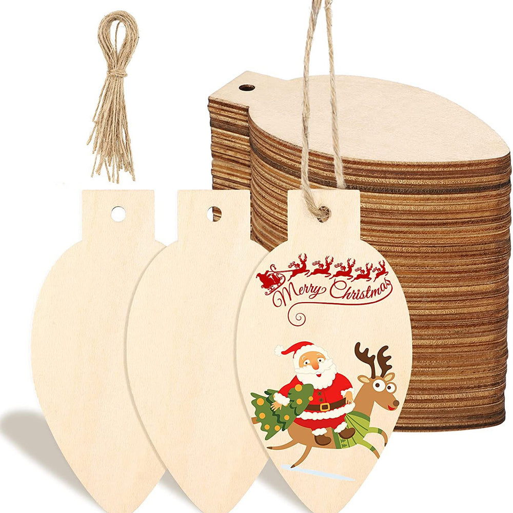 100Pcs Christmas Unfinished Wooden Light Bulb Wooden Slices Blank Christmas Wooden Hanging Decorations