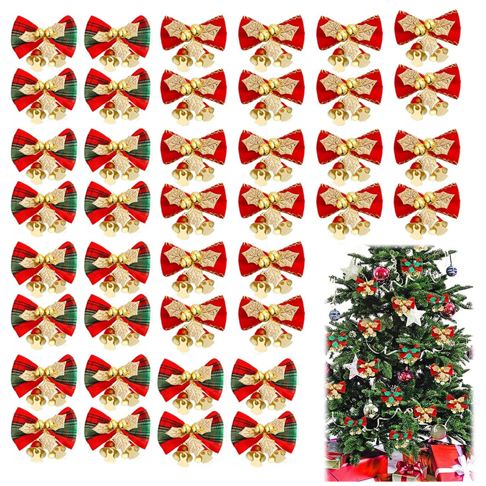 40Pcs Christmas Bows with Bells Christmas Tree Ornament