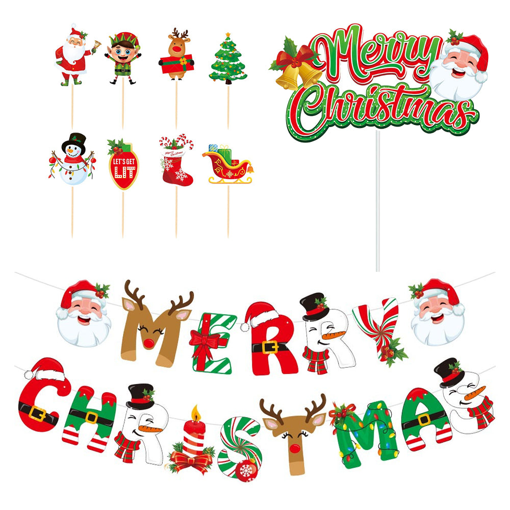Christmas Party Decoration Merry Christmas Pull Flag Santa Claus Christmas Tree Cake Topper