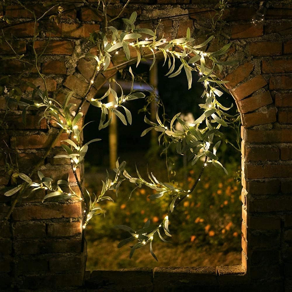 Artificial Plants Green Leaf Garland Led String Light with Timer 96 Fairy Lights-Olive Leaf