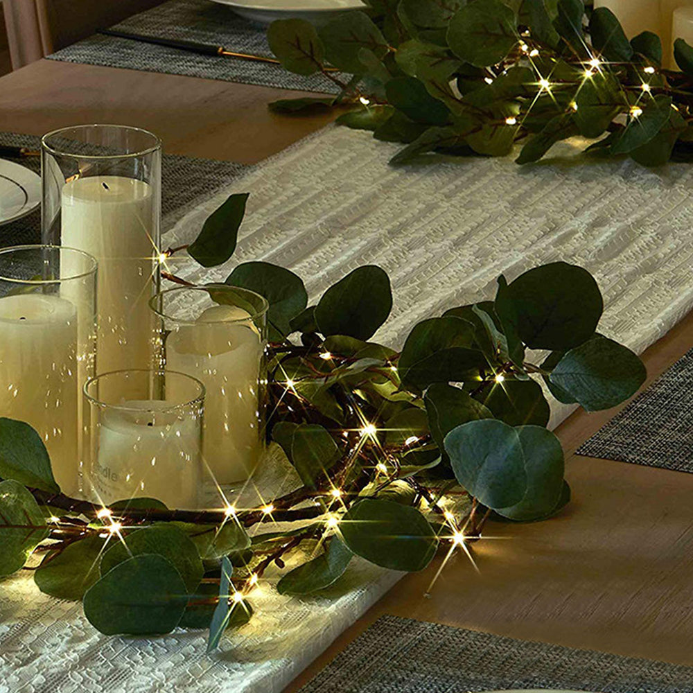 Artificial Plants Green Leaf Garland Led String Light with Timer 96 Fairy Lights-Eucalyptus Leaf