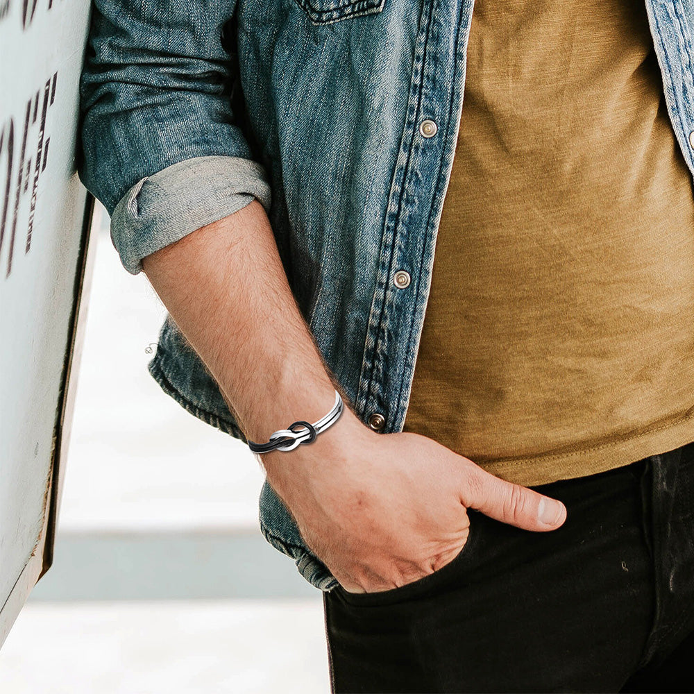 PU Leather Bracelet Infinite Knot Geometric Stainless Steel Mens Bracelet