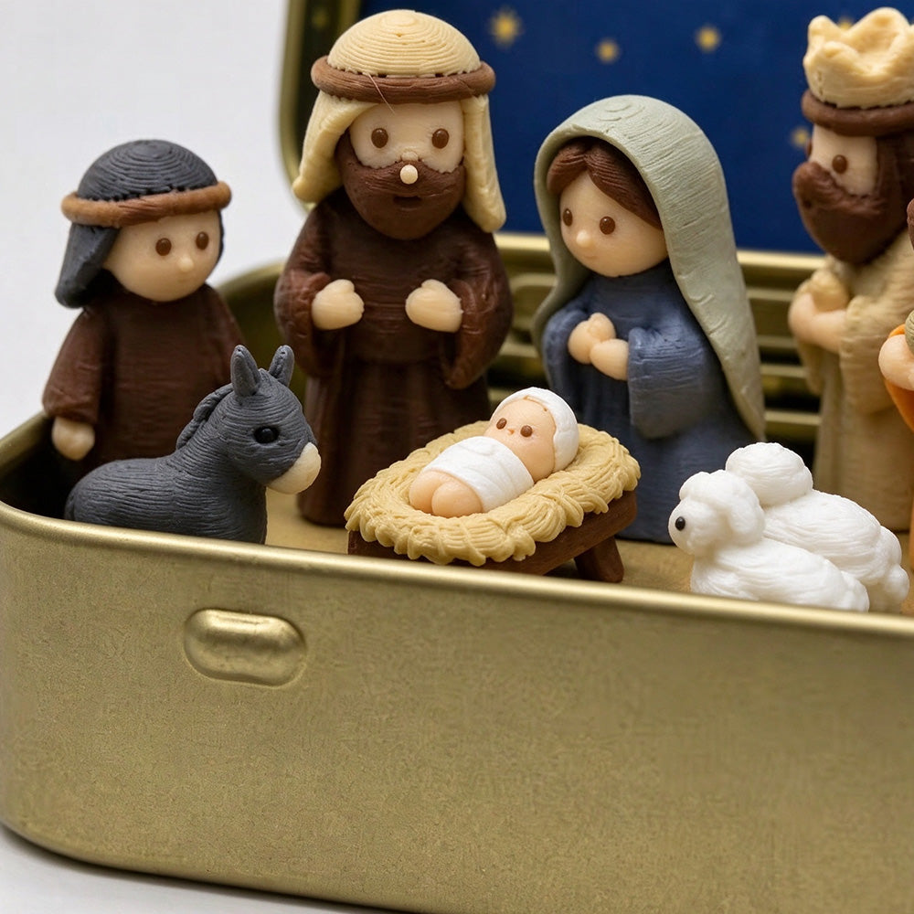 9 Pcs Nativity Scene Mini Figurines with Metal Storage Display Box