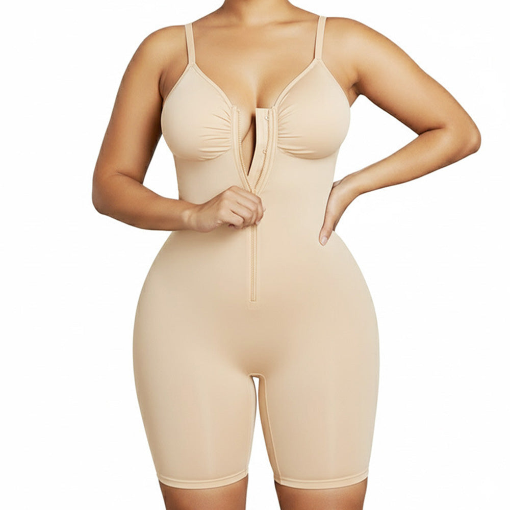 Seamless Shaping Bodysuit with Front Zipper Hook and Adjustable Straps-Beige