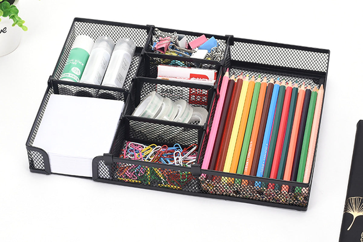 Desk Drawer Organizer Mesh Drawer Organizer Tray with 6 Adjustable Compartments