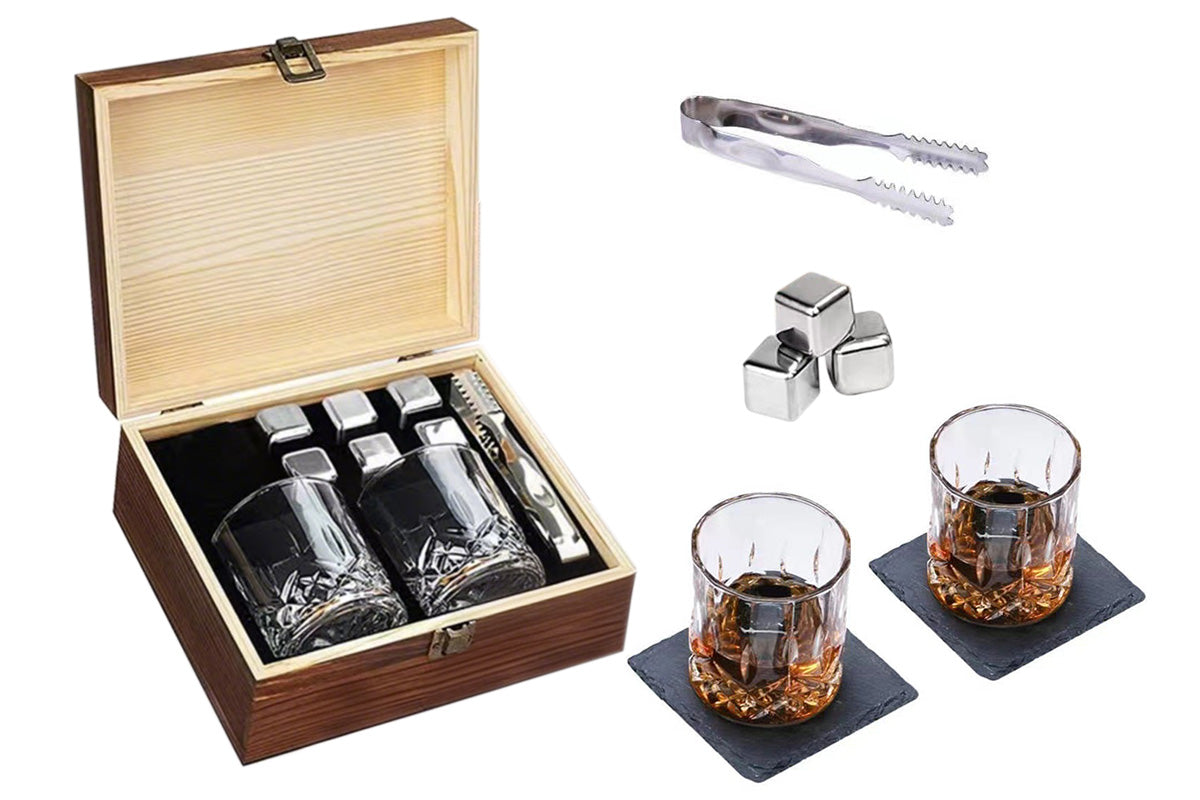 Whiskey Glass Set for Men Stainless Steel Tumblers with Whiskey Stones and Wooden Box