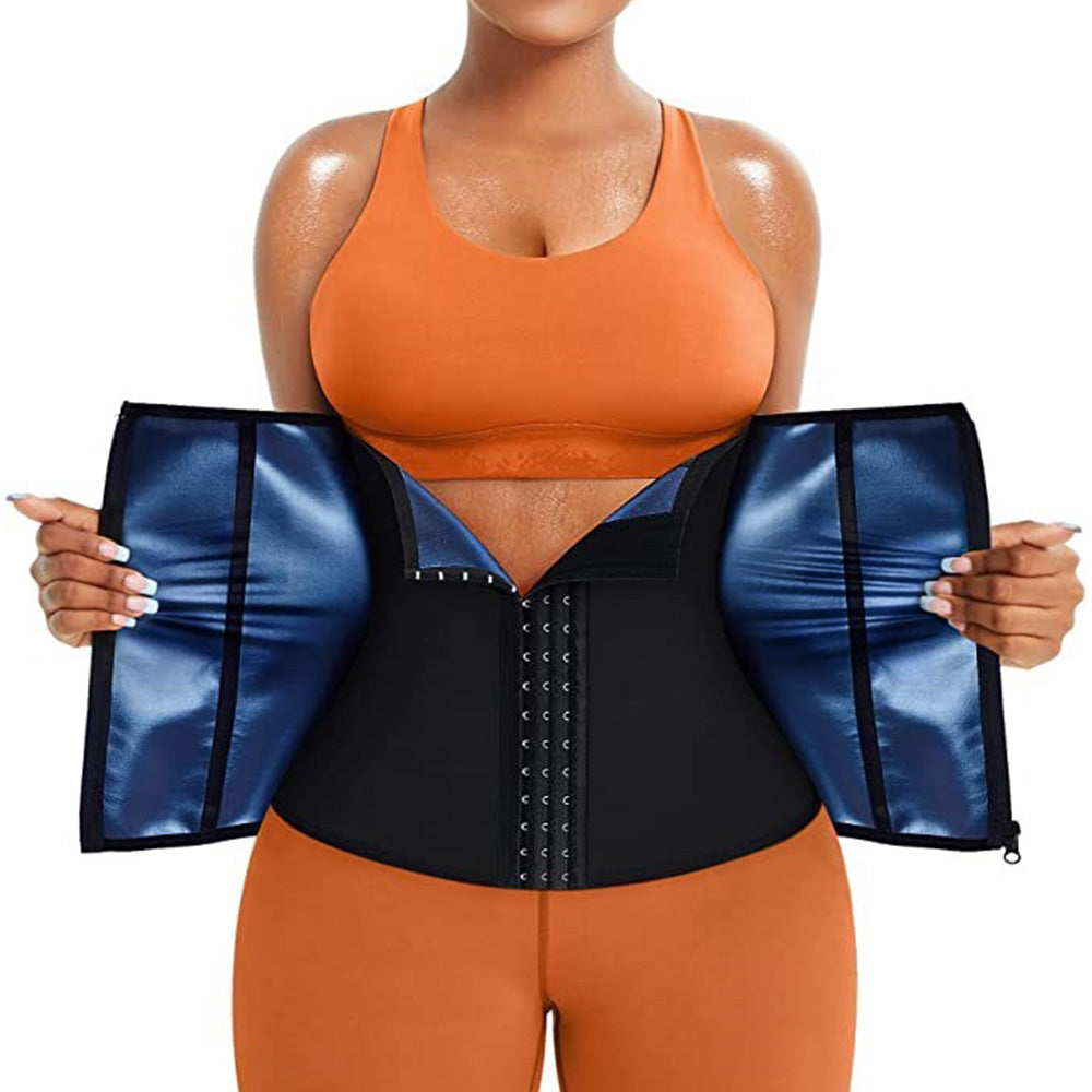 Womens Workout Waist Trainer 3-Row Hook and Zip Slimming Belt for Yoga Fitness-Blue
