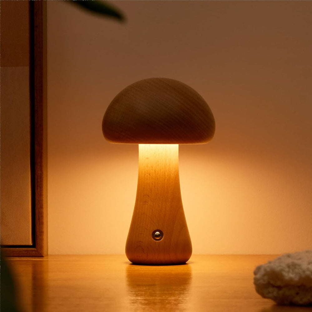 Wooden Mushroom Rechargeable Battery Operated Lamp with Stepless Dimming