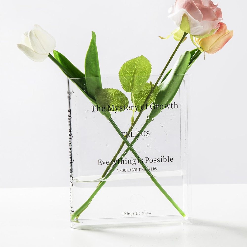Plastic Clear Book Vase for Flowers Bookshelf Vase Decoration-Clear
