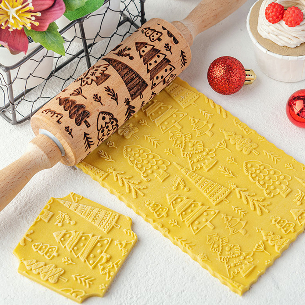 Christmas Embossing Rolling Pin Wooden Dough Roller-Christmas tree