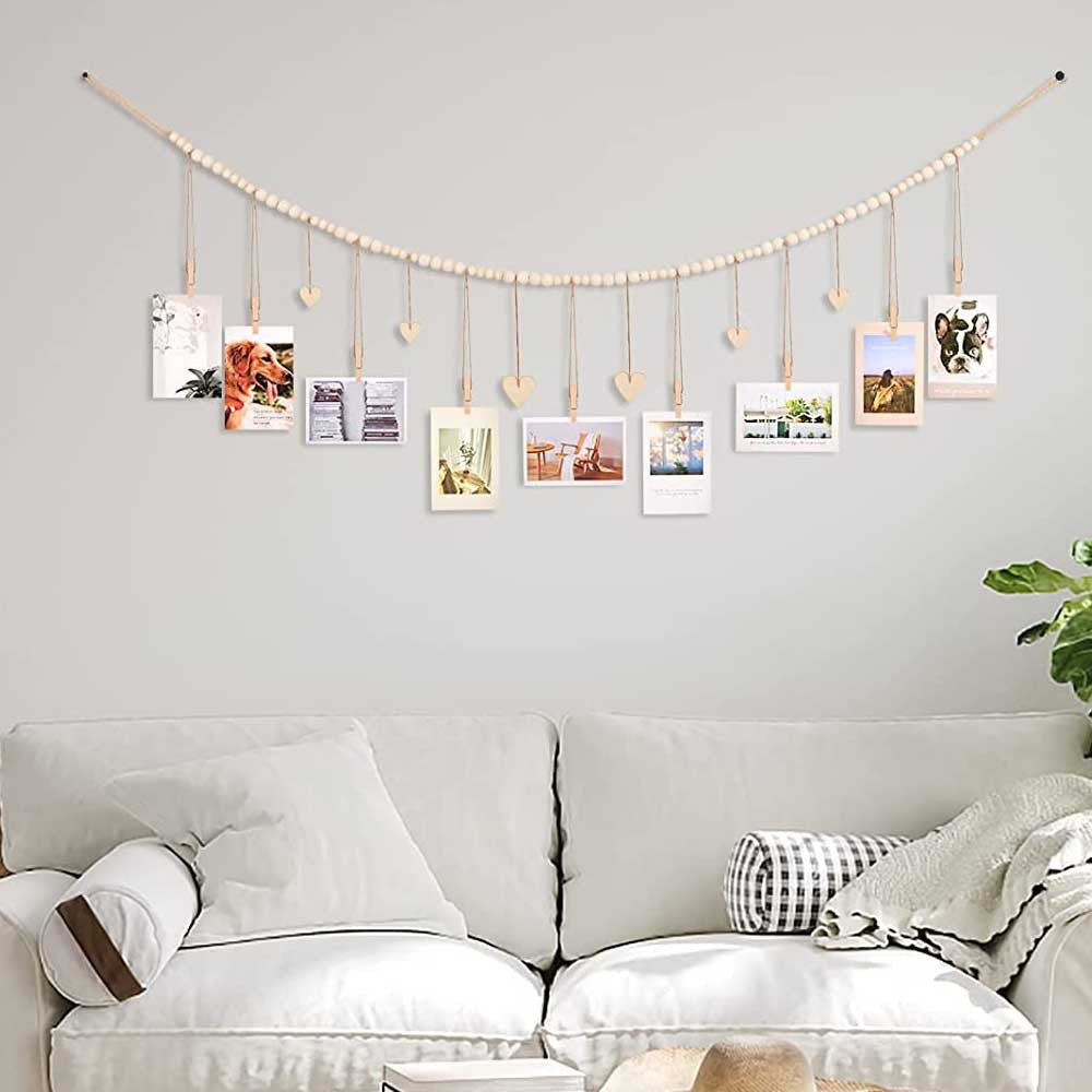 Wall Hanging Photo Display Wooden Beads Garland Photo Holders with 9 Wood Clips