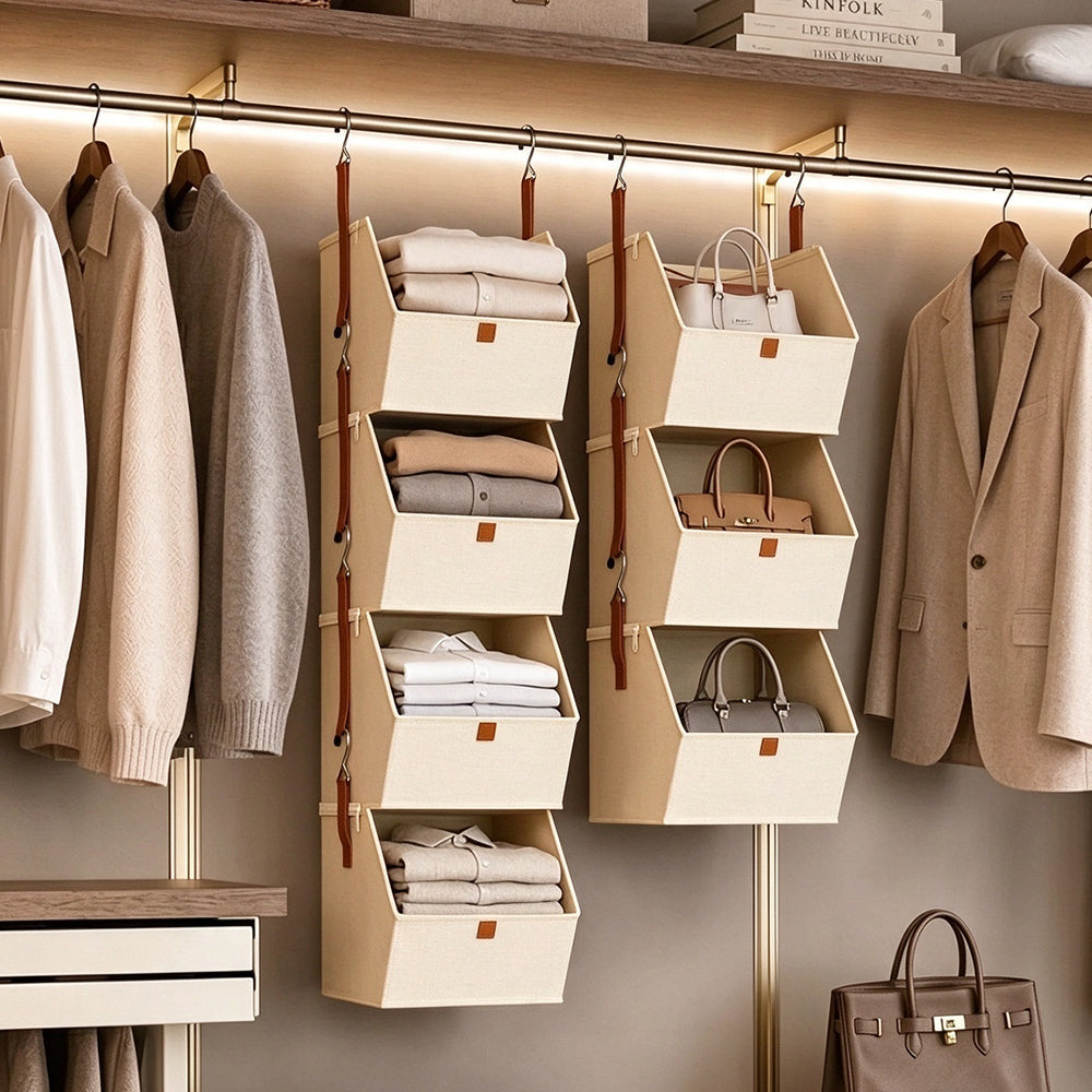 4 Tier Hanging Closet Organizer Shelf with Zip Connected Storage Layers