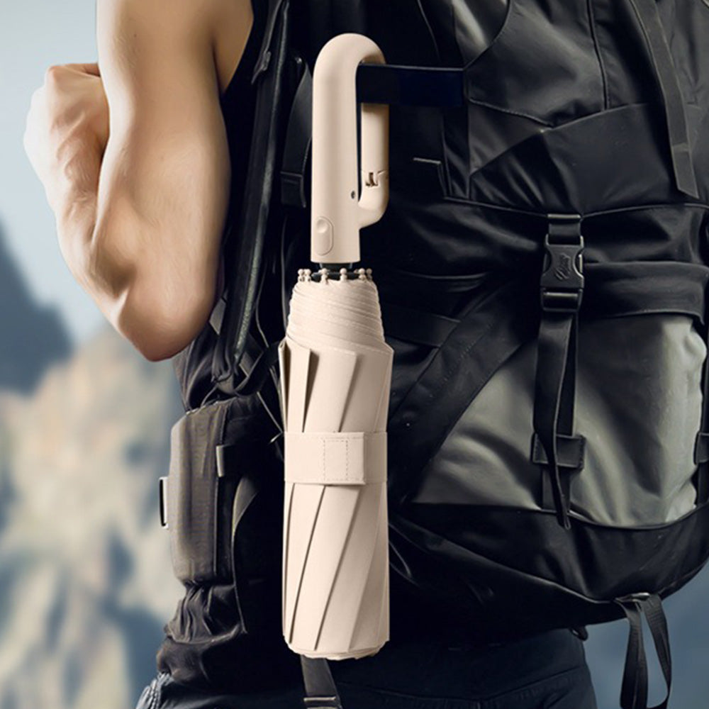 Automatic 10-Rib Folding Umbrella with Carabiner Handle Windproof
