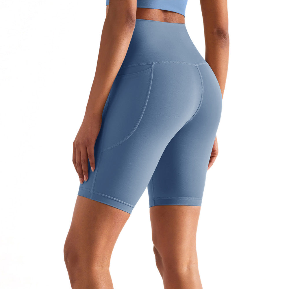 Women High Waist Biker Yoga Shorts with Pockets-Light Blue