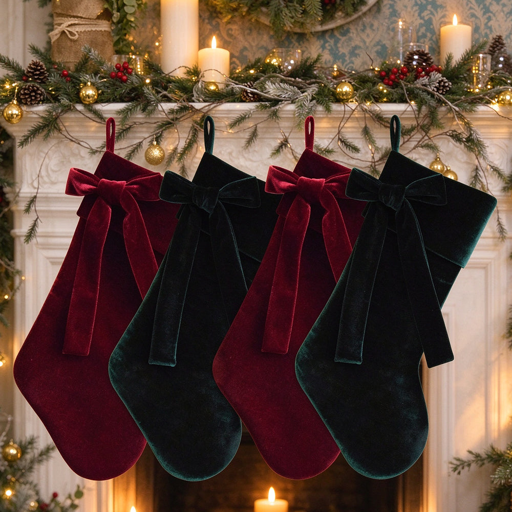 4 Velvet Christmas Stockings with Bows in Red and Green for Fireplace